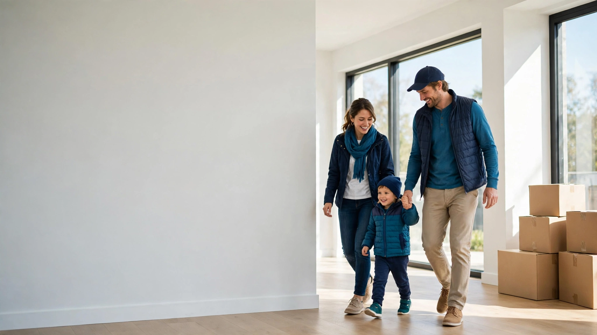 A young family walking into their new home on moving day